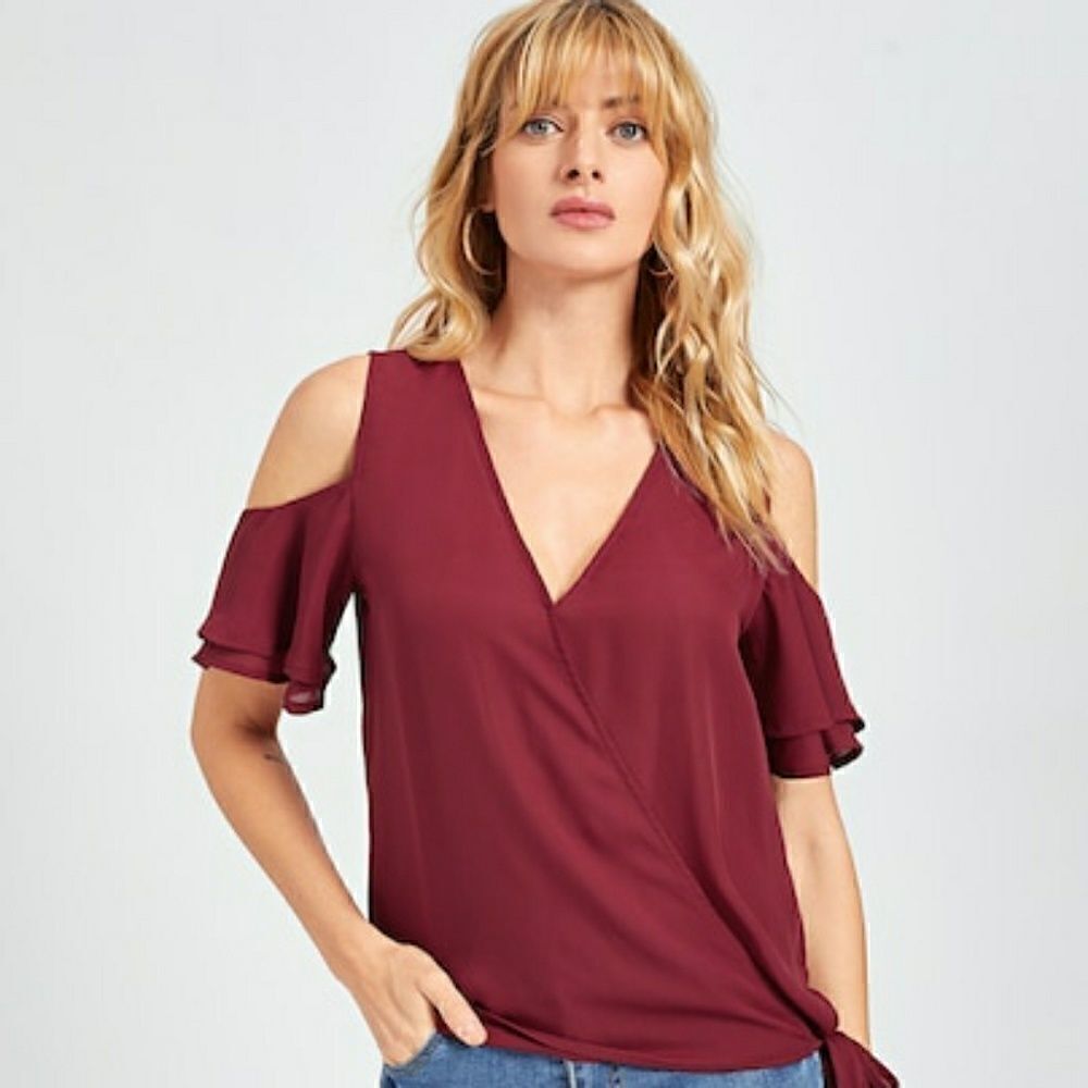 SHEIN wine cold shoulder layered sleeve wrap top, new with tags - Picture 4 of 7